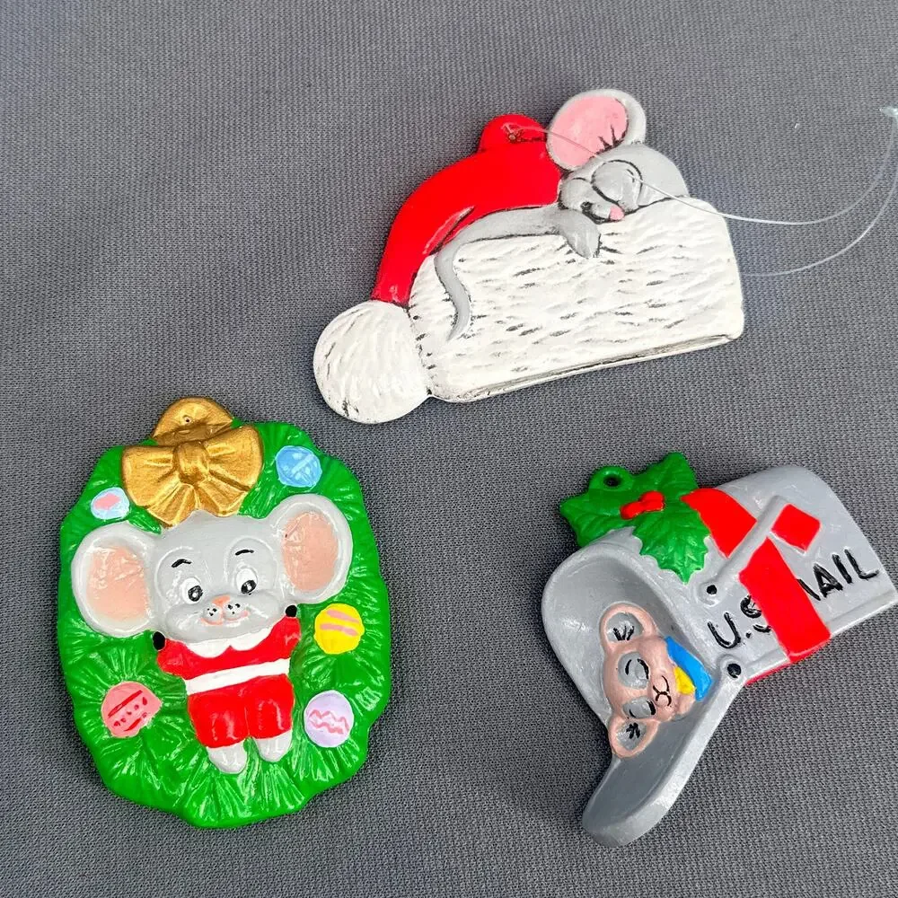 VTG Hand Painted Christmas Ornaments Lot of 6 Kitschy Holiday Mouse Deer Bird US